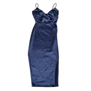 Windsor Samantha Sweetheart Navy Satin Midi Dress S Side Slit Corset Formal